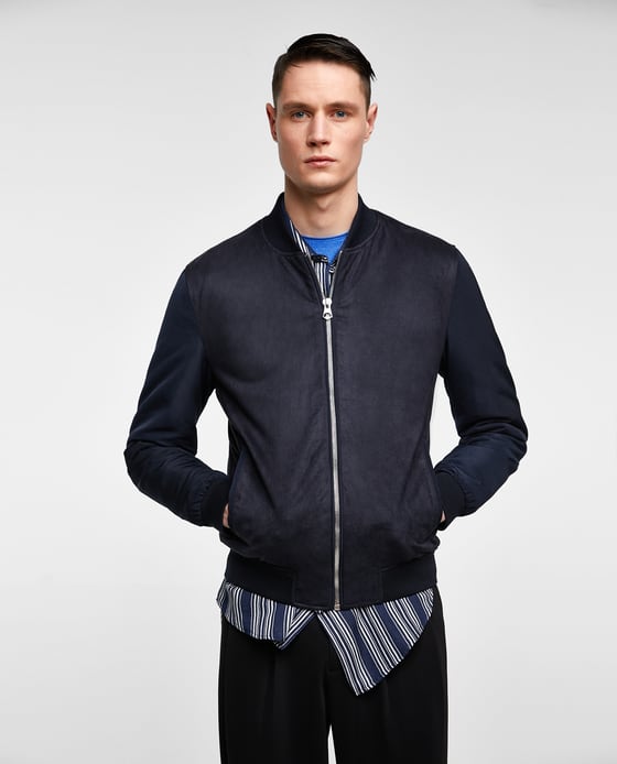 CONTRASTING FAUX SUEDE BOMBER JACKET